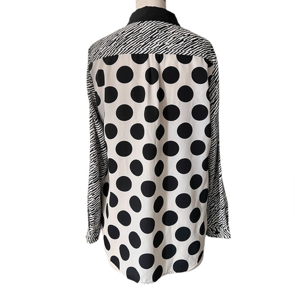 Black White Mixed Pattern Blouse Polka Dot Striped - Picture 10 of 12